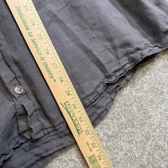 FLAX Linen Button Down Shirt Ruffle Collar Charcoal Gray Oversized L Lagenlook - Picture 11 of 11